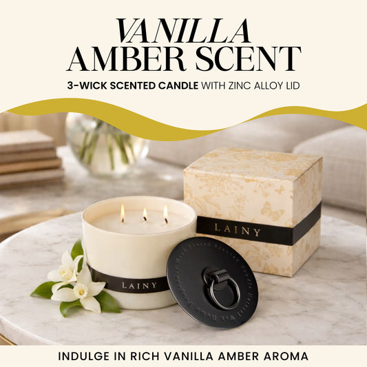 Vanilla Amber Scent 3-Wick Scented Candle With Zinc Alloy Lid - 12.35 oz