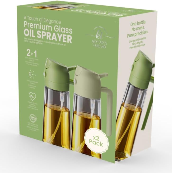 A Touch of Elegance Premium Glass Oil Sprayer, 2-in-1 Spray and Pour Dispenser, Green, 2 Pack