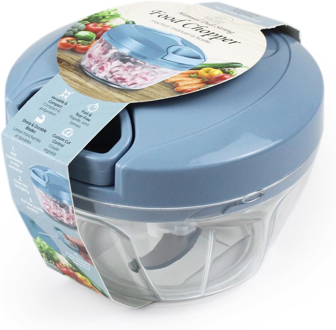 Manual Food Chopper, Pull String Vegetable and Meat Mincer with Clear Container, Hand-Powered Kitchen Processor in Blue