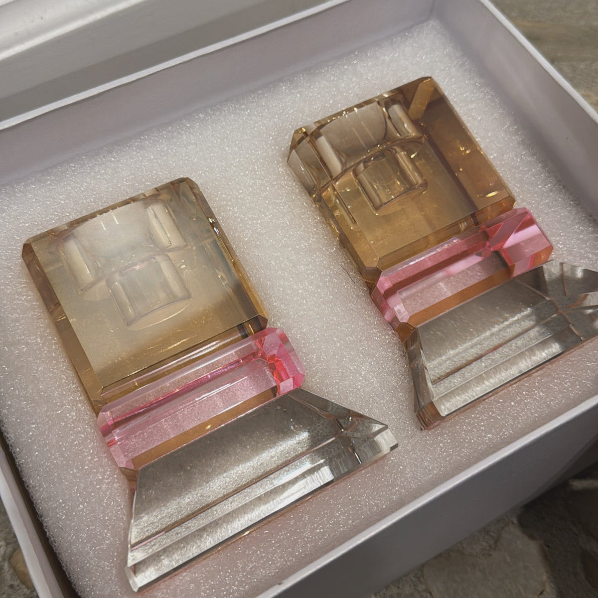 Modern Crystal Candle Holders with Pink Accent Base – Set of 2