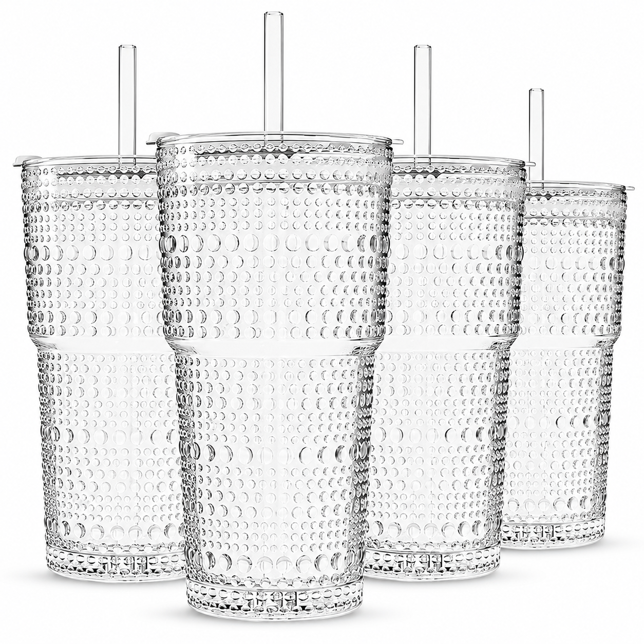 20oz Hobnail Glass Cups with Lids & Glass Straws – Set of 4