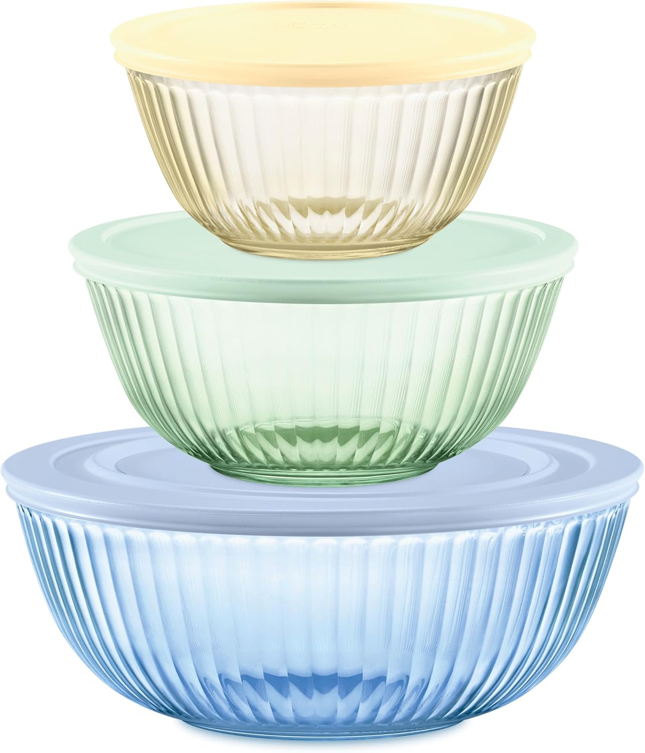 3-Piece Ribbed Glass Mixing Bowl Set with Lids | Tempered Glass Food Storage Bowls (1L, 2L & 3L)