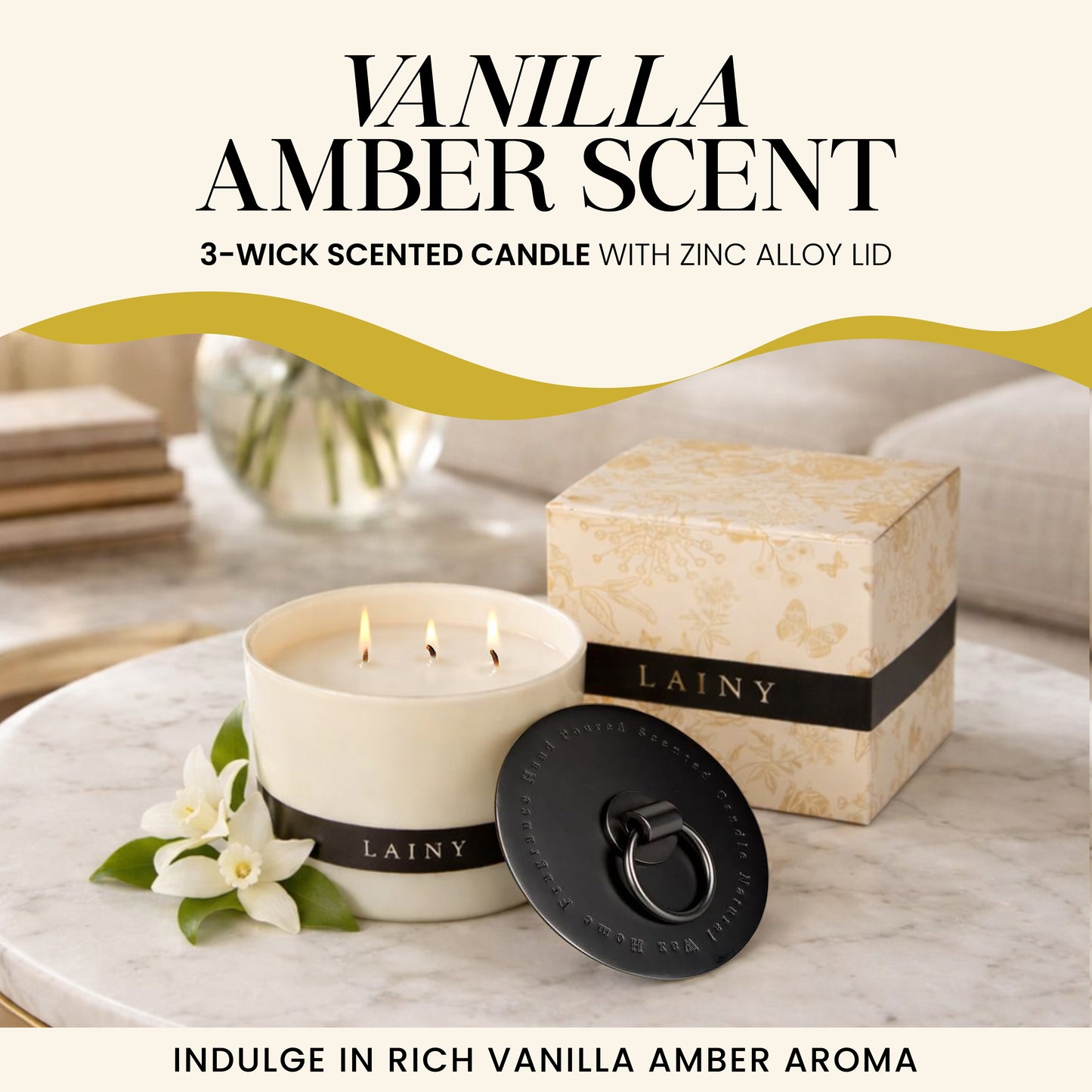 Vanilla Amber Scent 3-Wick Scented Candle With Zinc Alloy Lid - 12.35 oz