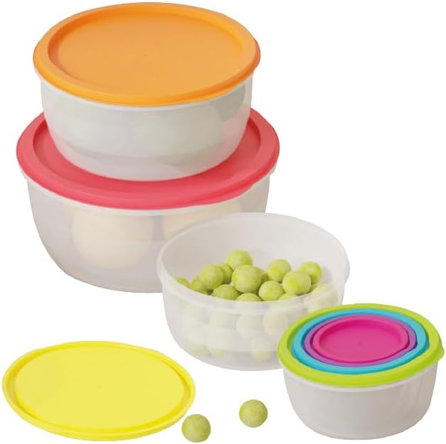 Rainbow Nested Food Storage Containers, 7-Piece Set with Colorful Lids, Round Airtight Plastic Meal Prep Containers, Space-Saving Kitchen Organization Bowls