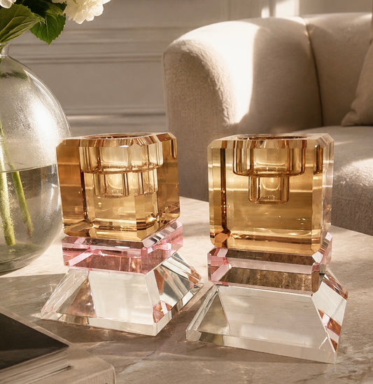 Modern Crystal Candle Holders with Pink Accent Base – Set of 2