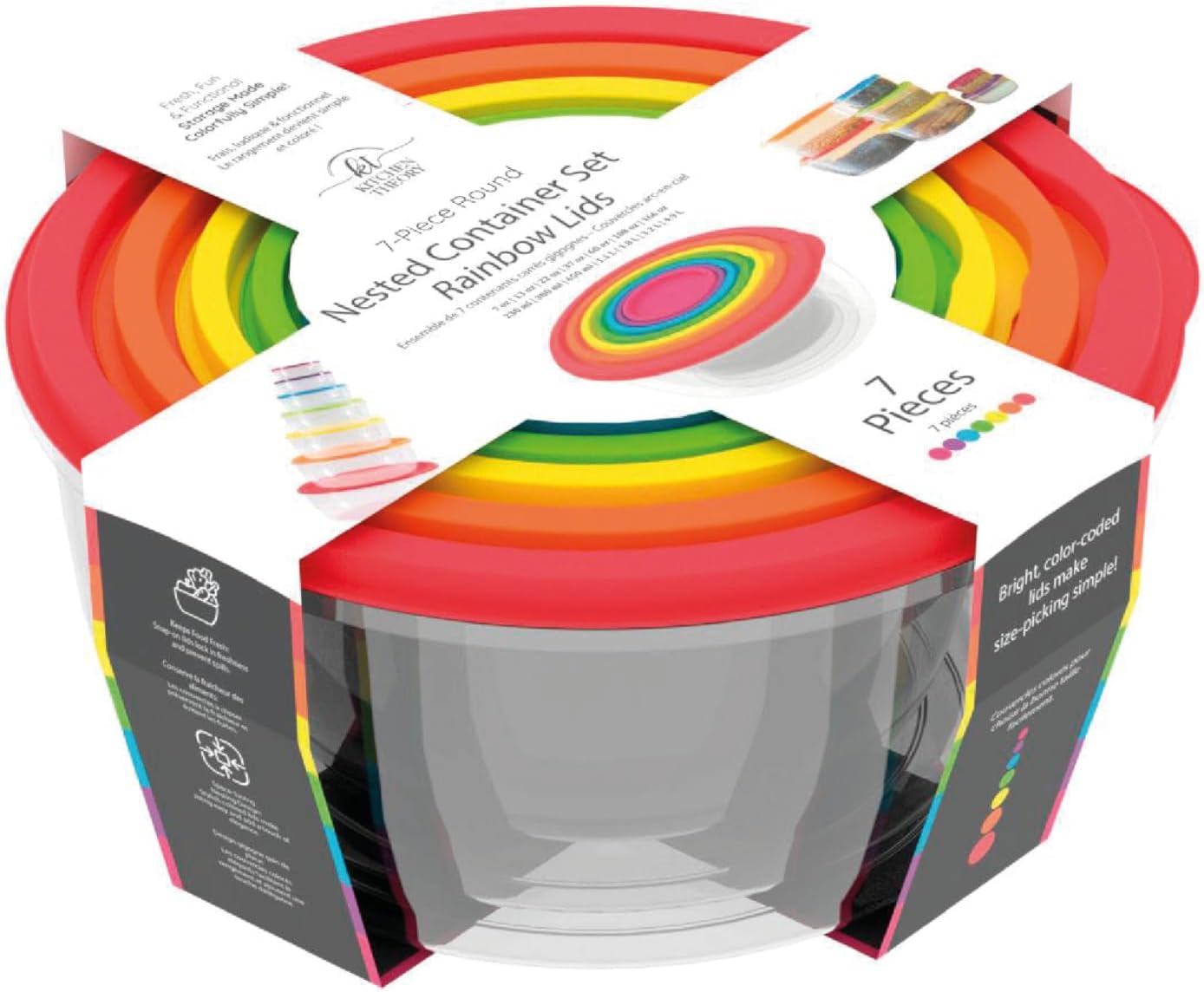 Rainbow Nested Food Storage Containers, 7-Piece Set with Colorful Lids, Round Airtight Plastic Meal Prep Containers, Space-Saving Kitchen Organization Bowls