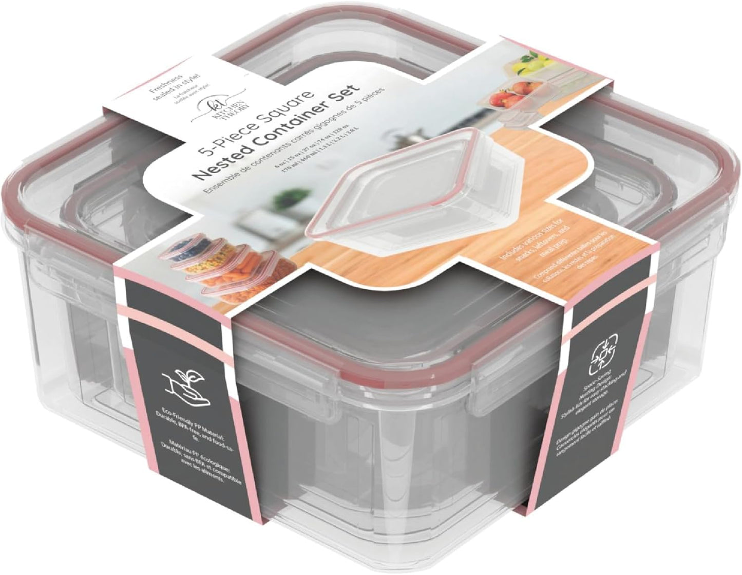 5-Piece Nested Food Storage Container Set, Square Shape, Clear Plastic, Multiple Sizes from 6 oz to 128 oz, Airtight Stackable Design
