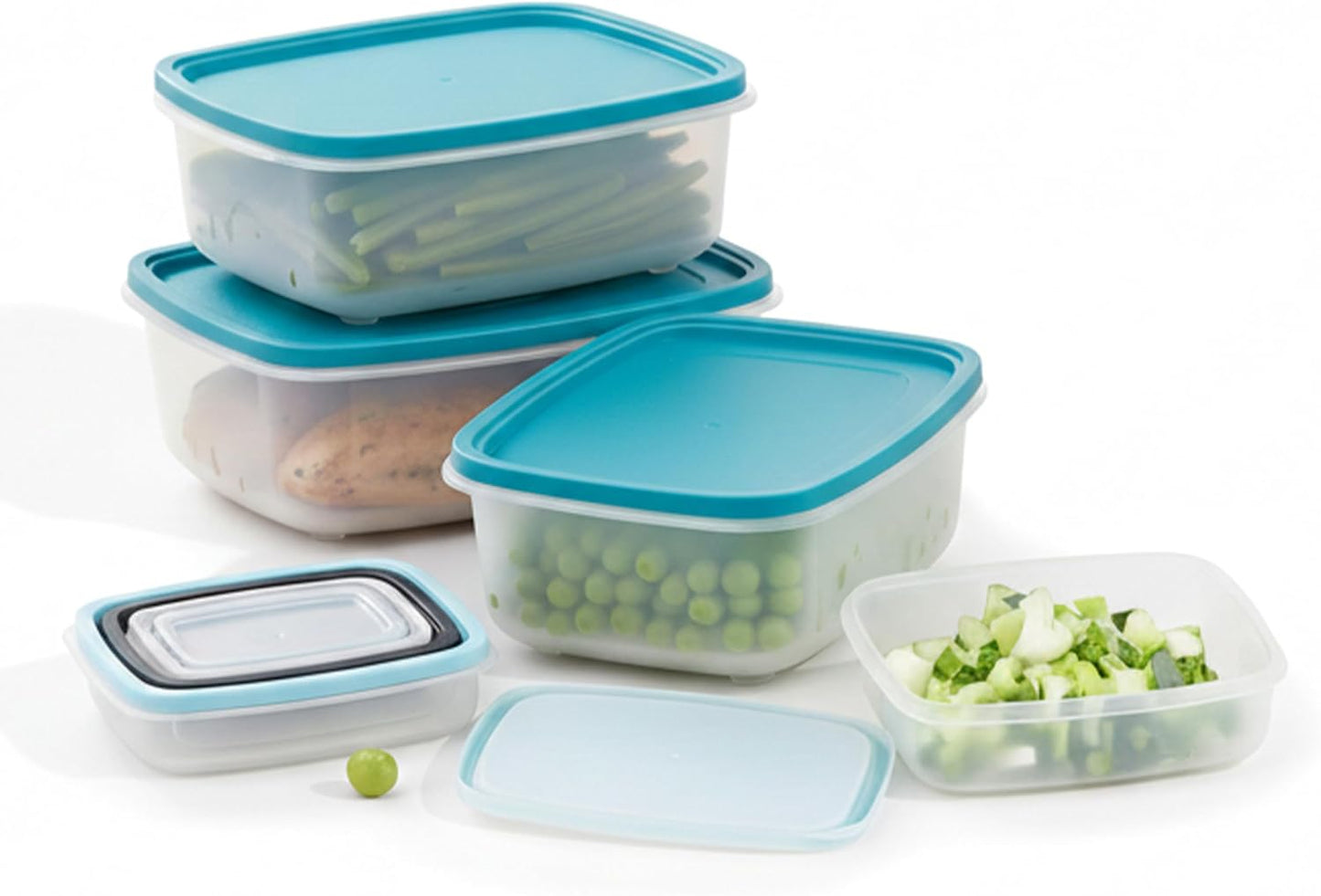 7 Piece Food Storage Container Set with Airtight Lids & BPA-Free Plastic, Stackable Rectangular Nesting Boxes for Meal Prep - Microwave & Dishwasher Safe - Turquoise Blue