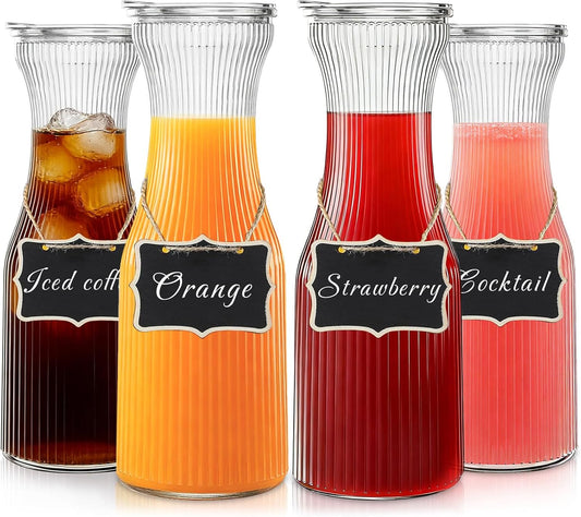1L Ribbed Glass Carafe Set with Lids & Chalkboard Labels – Set of 4 Beverage Bottles