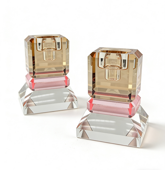 Modern Crystal Candle Holders with Pink Accent Base – Set of 2