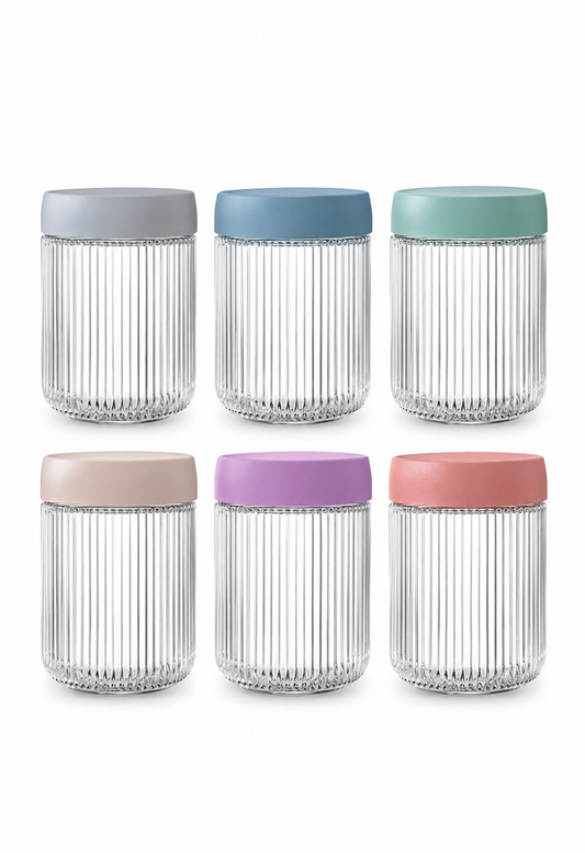 16oz Ribbed Glass Overnight Oats Containers with Lids – 6 Pack