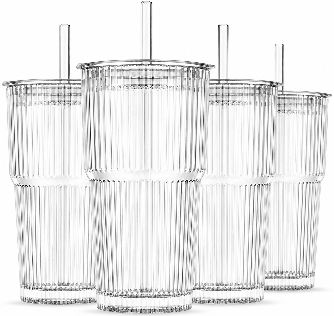 20oz Ribbed Glass Tumblers with Lids & Glass Straws – Set of 4