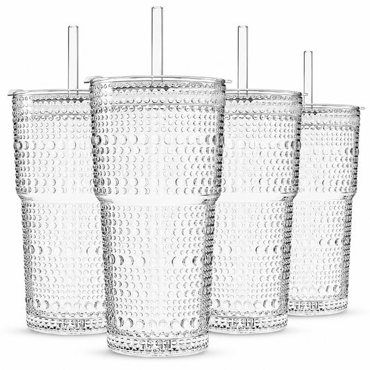 20oz Hobnail Glass Cups with Lids & Glass Straws – Set of 4