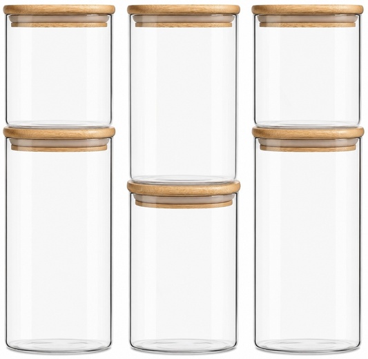Airtight Glass Storage Canister Set with Bamboo Lids – 6 Piece Pantry Organization Set