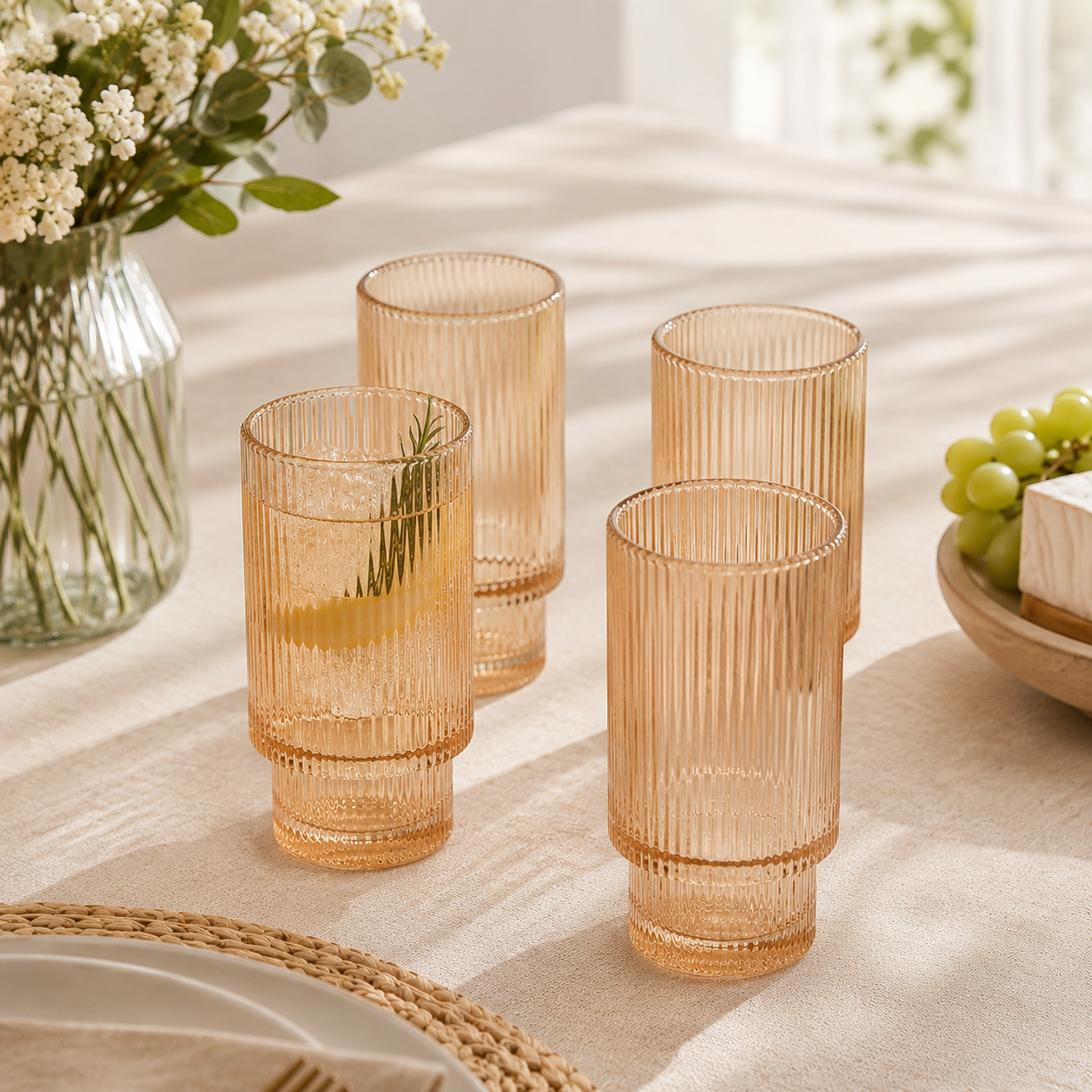 Luminelle Ribbed Drinking Glasses 15 oz, Set of 4