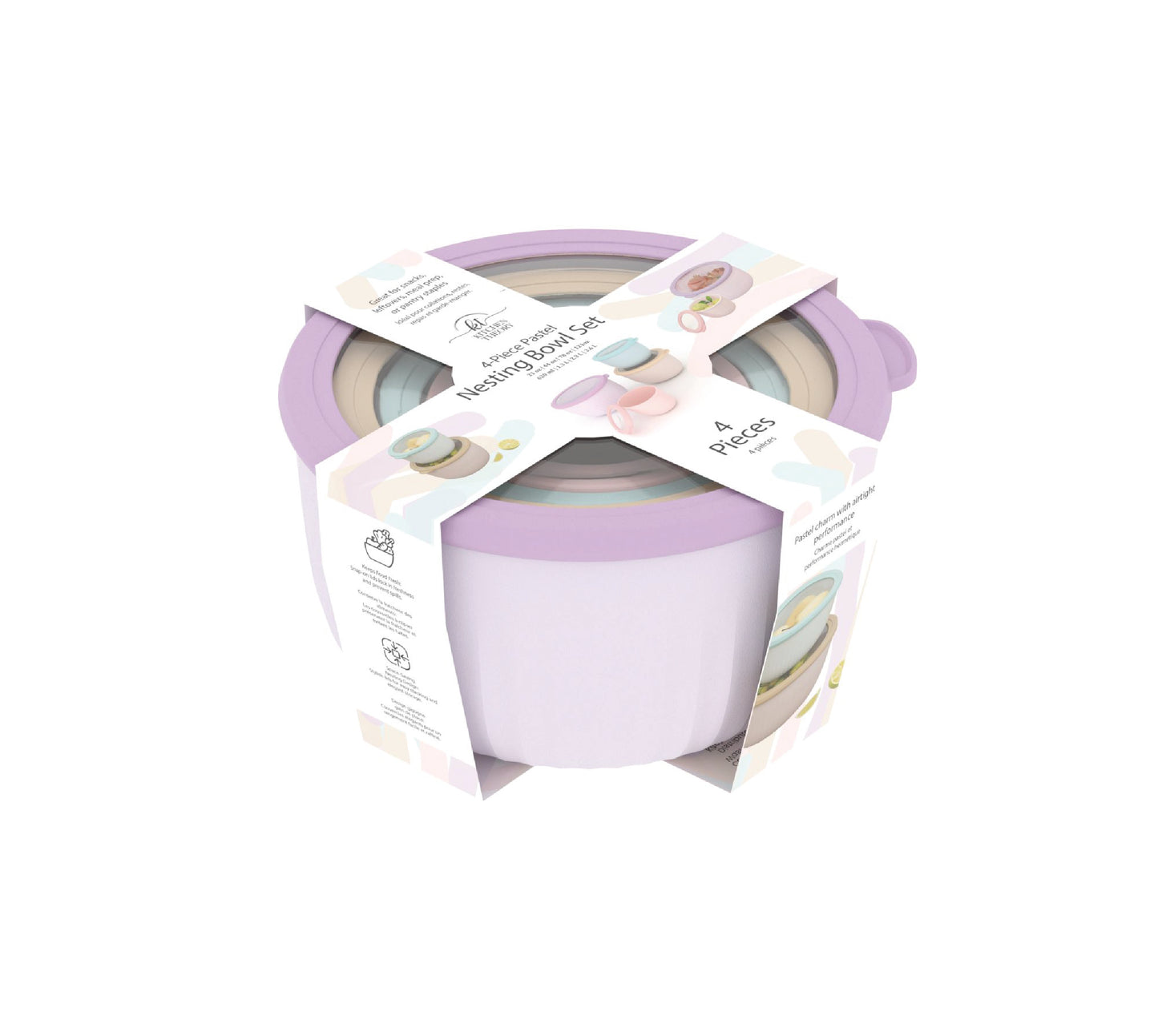 4 Piece Nesting Bowl Set with Airtight Lids & BPA-Free Polypropylene Plastic - Stackable Round Nesting Boxes for Meal Prep - Microwave & Dishwasher Safe - Pastel Multi Purple 2.5 Pounds