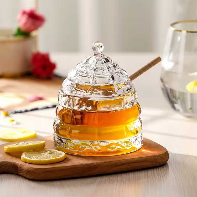 Tapered Glass Honey Jar with Wooden Dipper 11oz