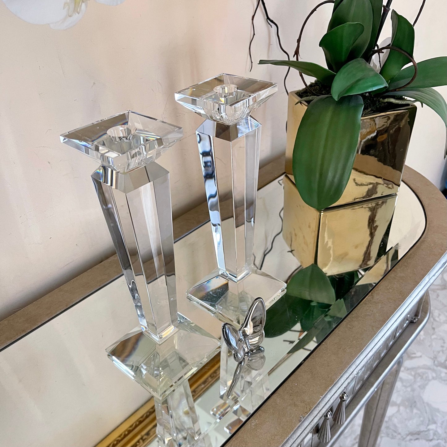 Pair of 11” Sleek Solid Crystal Candlesticks